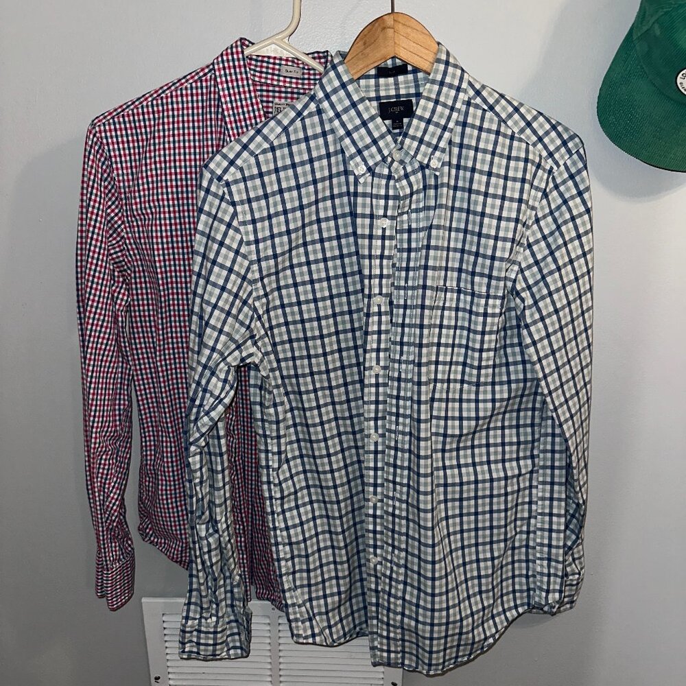 Two J Crew Slim Fit Gingham Casual Button Downs - Men's Medium Blue Pink